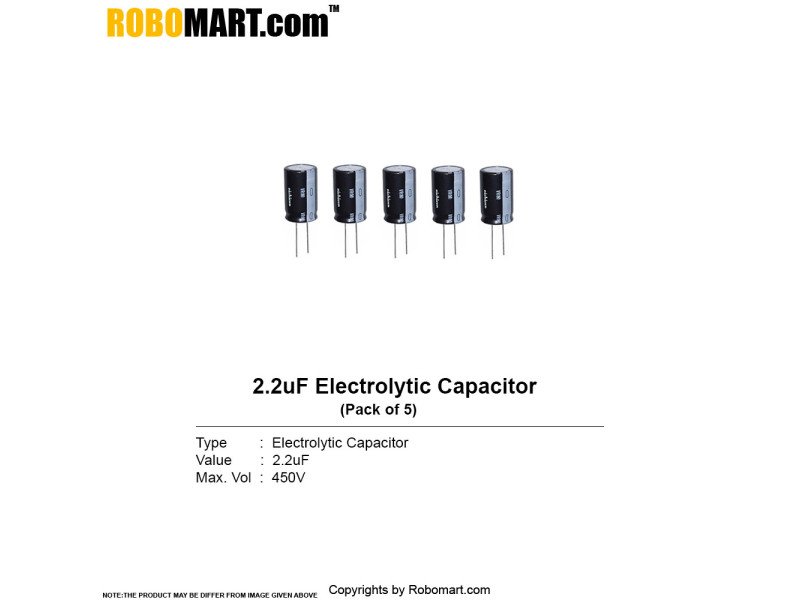 2.2 uF 450V Electrolytic Through Hole Capacitor (Pack of 5)