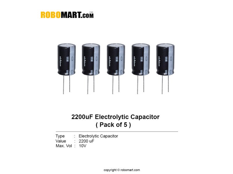 2200 uF 10V Electrolytic Through Hole Capacitor (Pack of 5)
