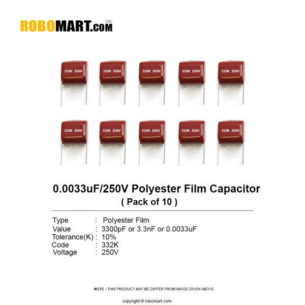 0.0033uF 250v Polyester Film Capacitor (Pack of 10)