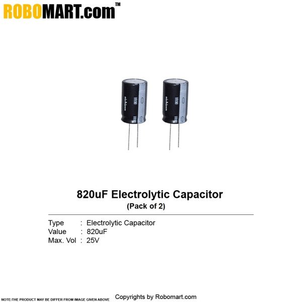 820 µF 25v Electrolytic Through Hole Capacitor (Pack of 5)