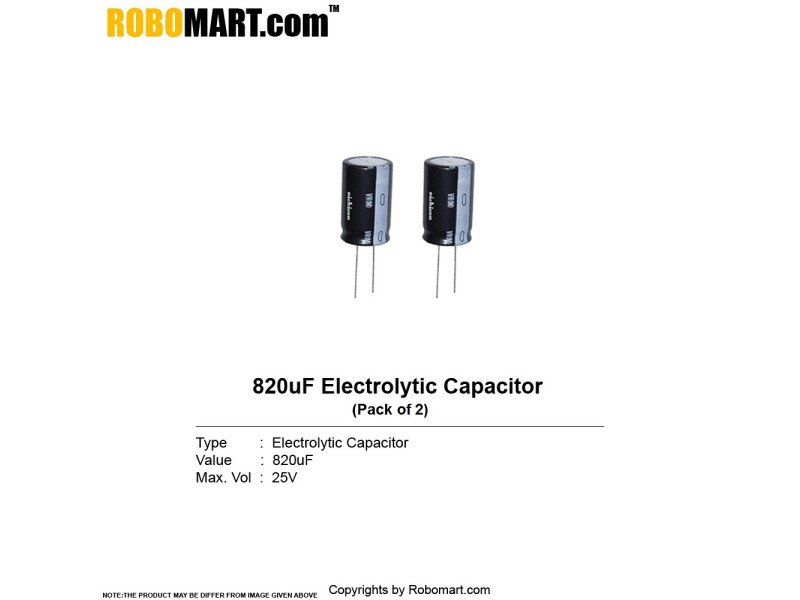 820 µF 25v Electrolytic Through Hole Capacitor (Pack of 2)