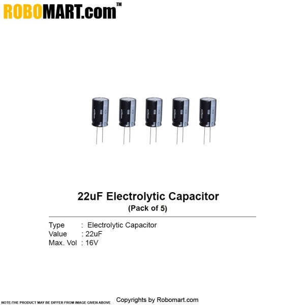 22µF 16v Electrolytic Capacitor (Pack of 5)