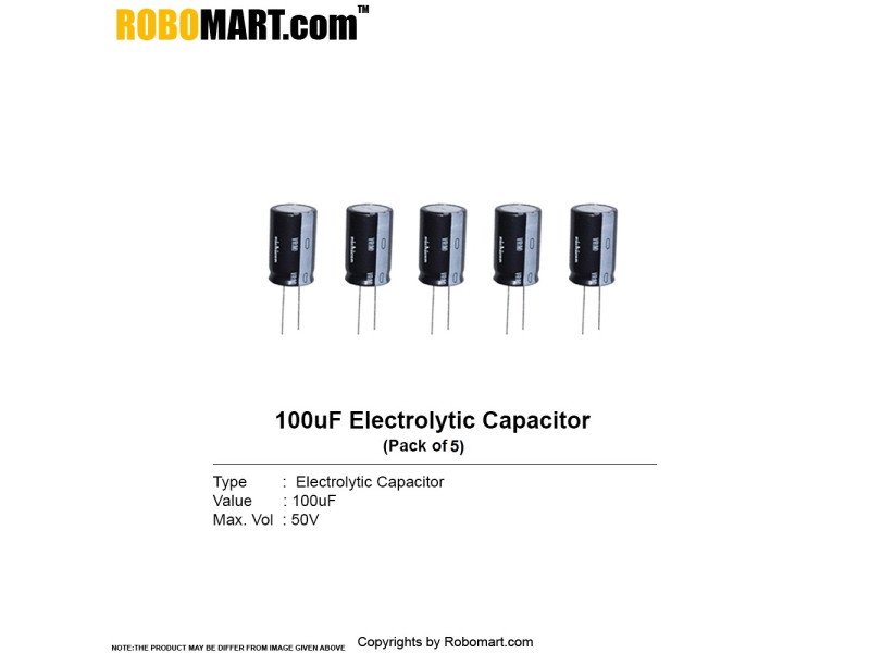 100 µF 50v Electrolytic Through Hole Capacitor (Pack of 5)