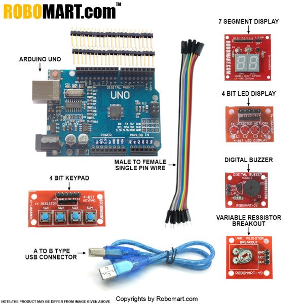 Arduino Workshop Kit using True Arduino Clone(imported) with  Atmega 328smd for all workshop companies/college clubs/entrepreneurs (Standard Kit)