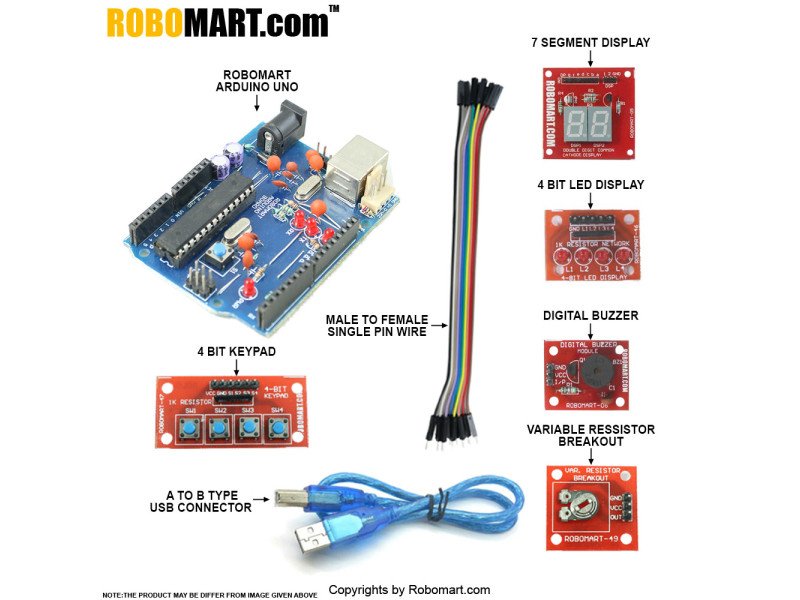 Arduino Workshop Kit using Robomart Arduino Uno with Atmega 8 for all workshop companies/college clubs/entrepreneurs (Standard Kit)