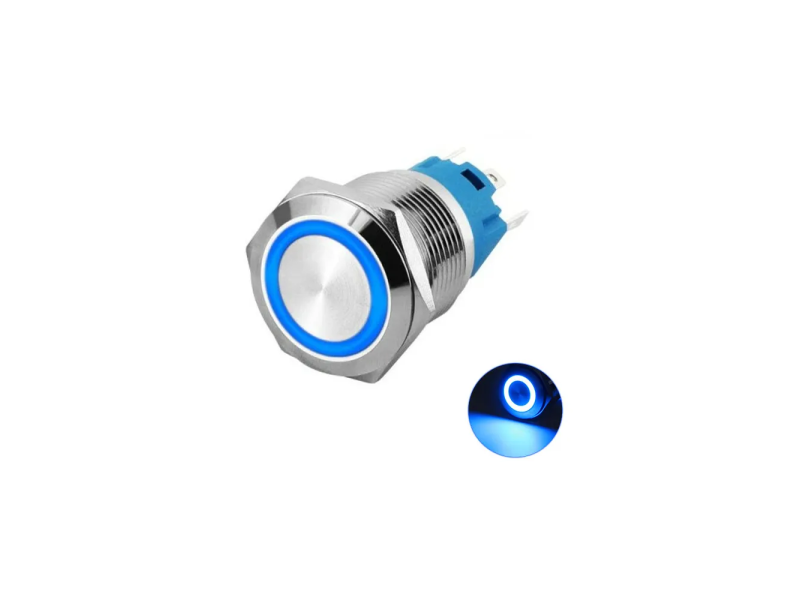 22mm Metal Push On/Off Button Switch Anti-Vandal Latching Ring LED Blue 5 Pin